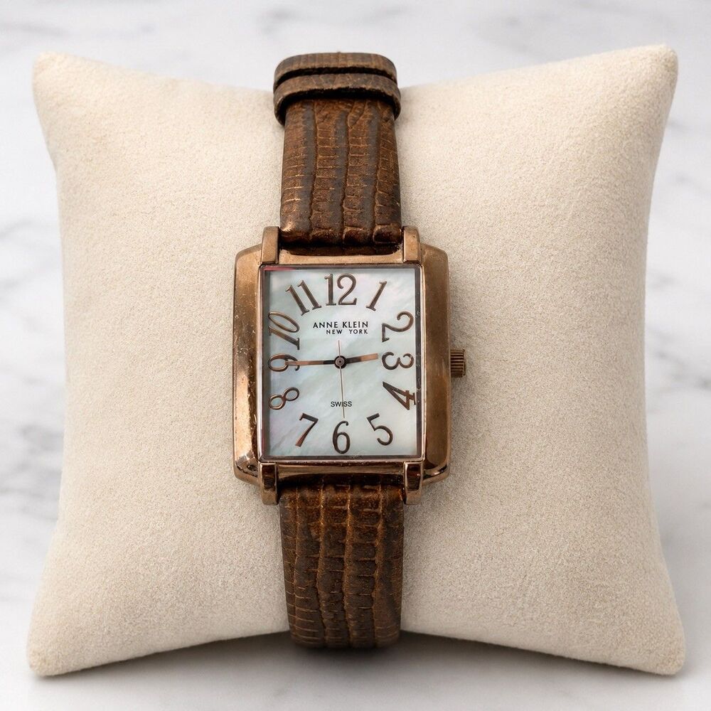 Vintage Anne Klein Square Watch Swiss Movement MOP Dial Copper Leather Band Runs